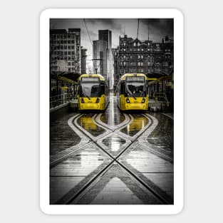 Yellow Manchester Trams at Tram Stop in Rain Sticker